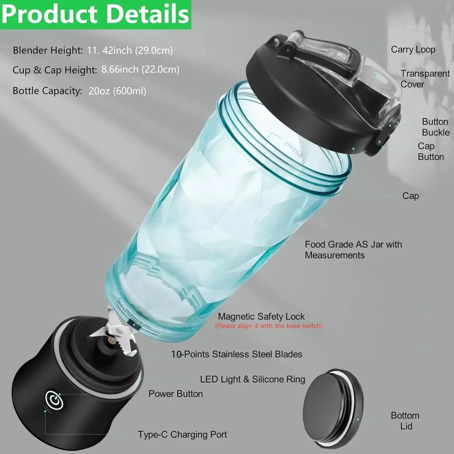 New 4000Mah Portable Juicer Cup 600ML Large Capacity 10-Leaf Blade Powerful Motor Fast Stirring Blender Mixer Outdoor Mixing Cup